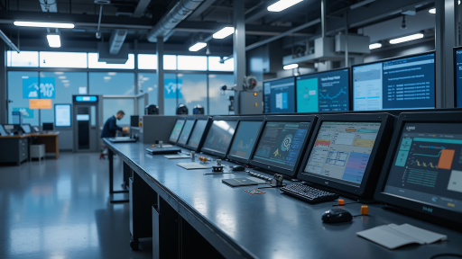 制造业企业管理系统界面截图，现代化操作界面，多个数据图表显示，蓝色背景，明亮自然光