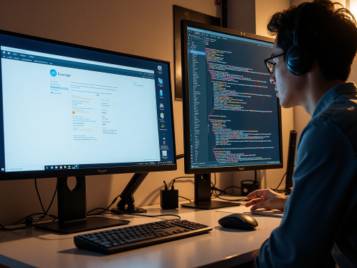 技术人员在电脑前编程开发场景，现代化办公环境，专注工作状态，蓝色背景，明亮自然光